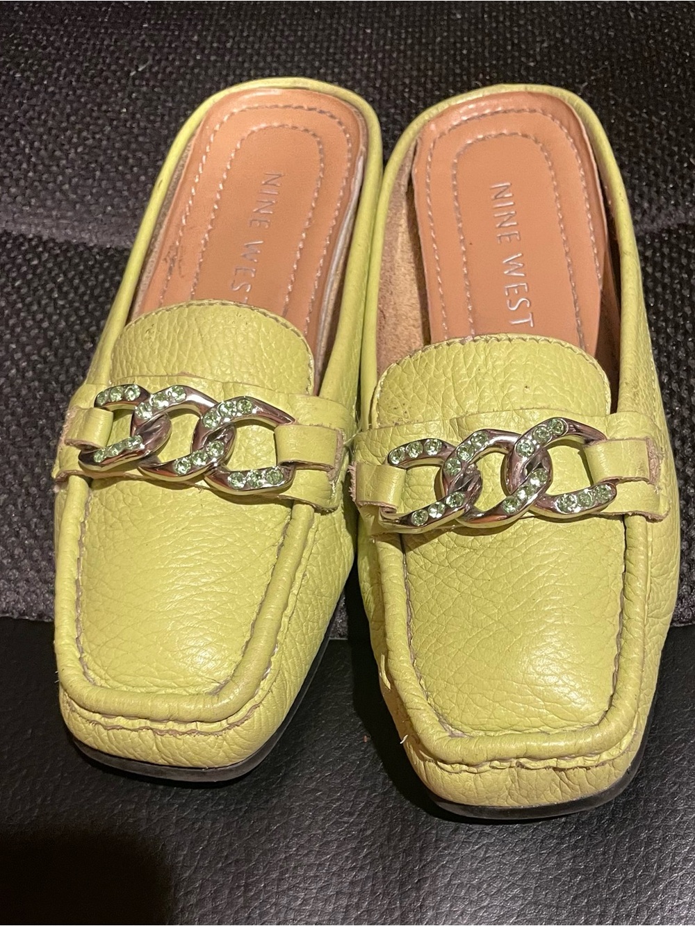 Nine West Lime Green Leather Mules Size 13M Chain Rhinestone NWOT